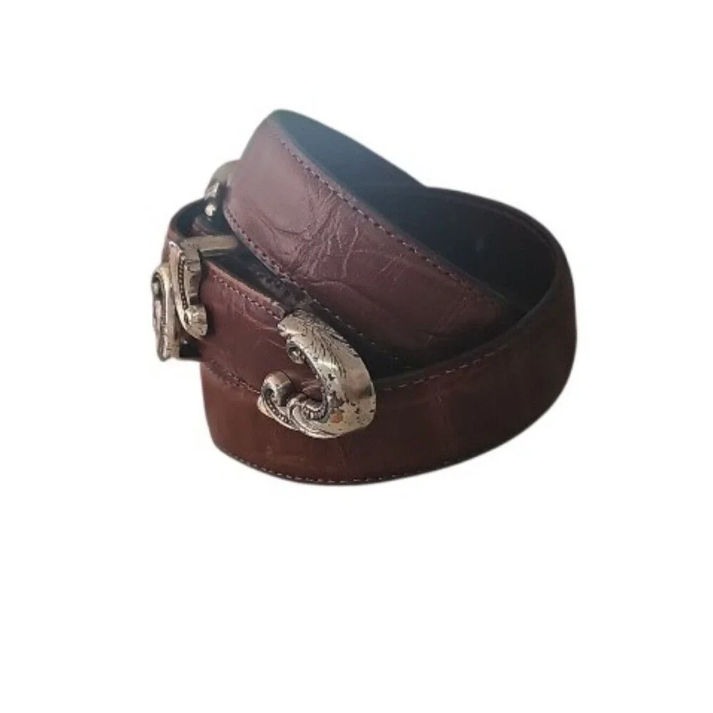 Brighton Vintage Leather Belt Women’s M Brown Silver Scroll Buckle Western USA